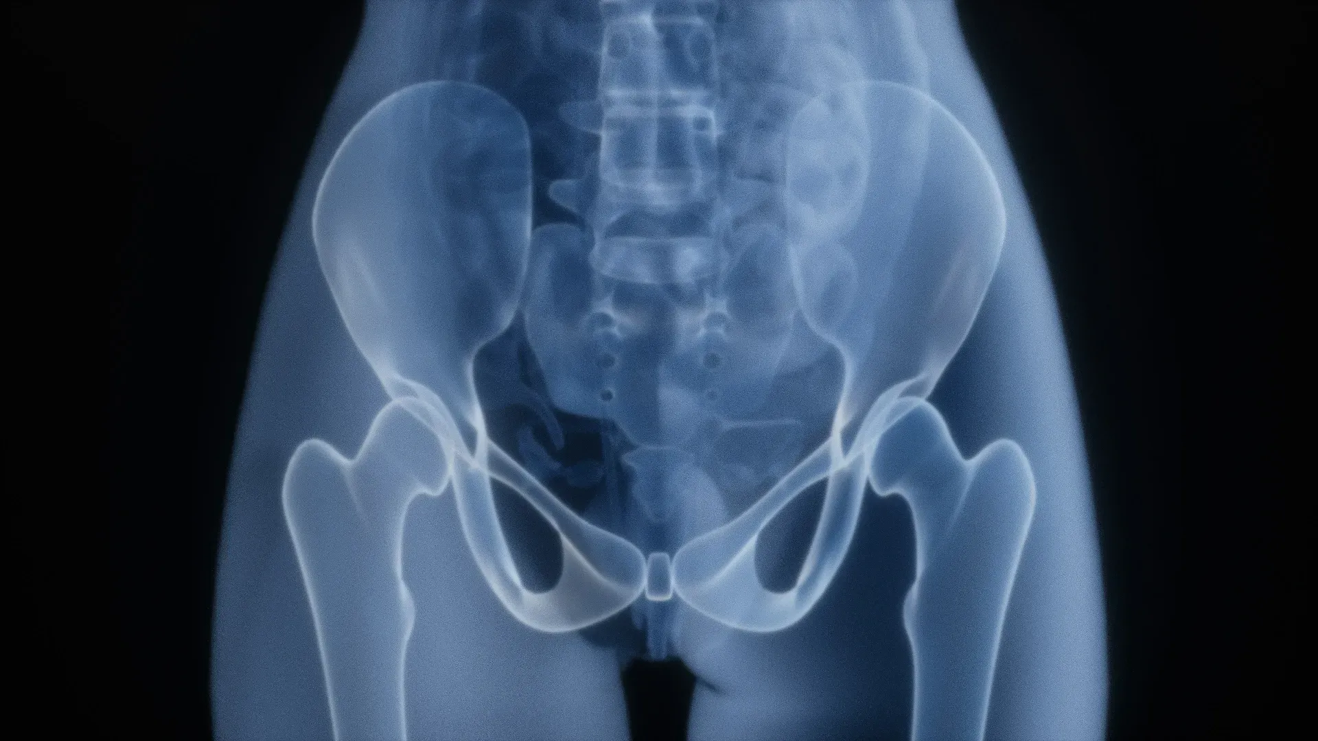X-ray style illustration of the female pelvis and hips, the bony frame that supports the pelvic floor muscles